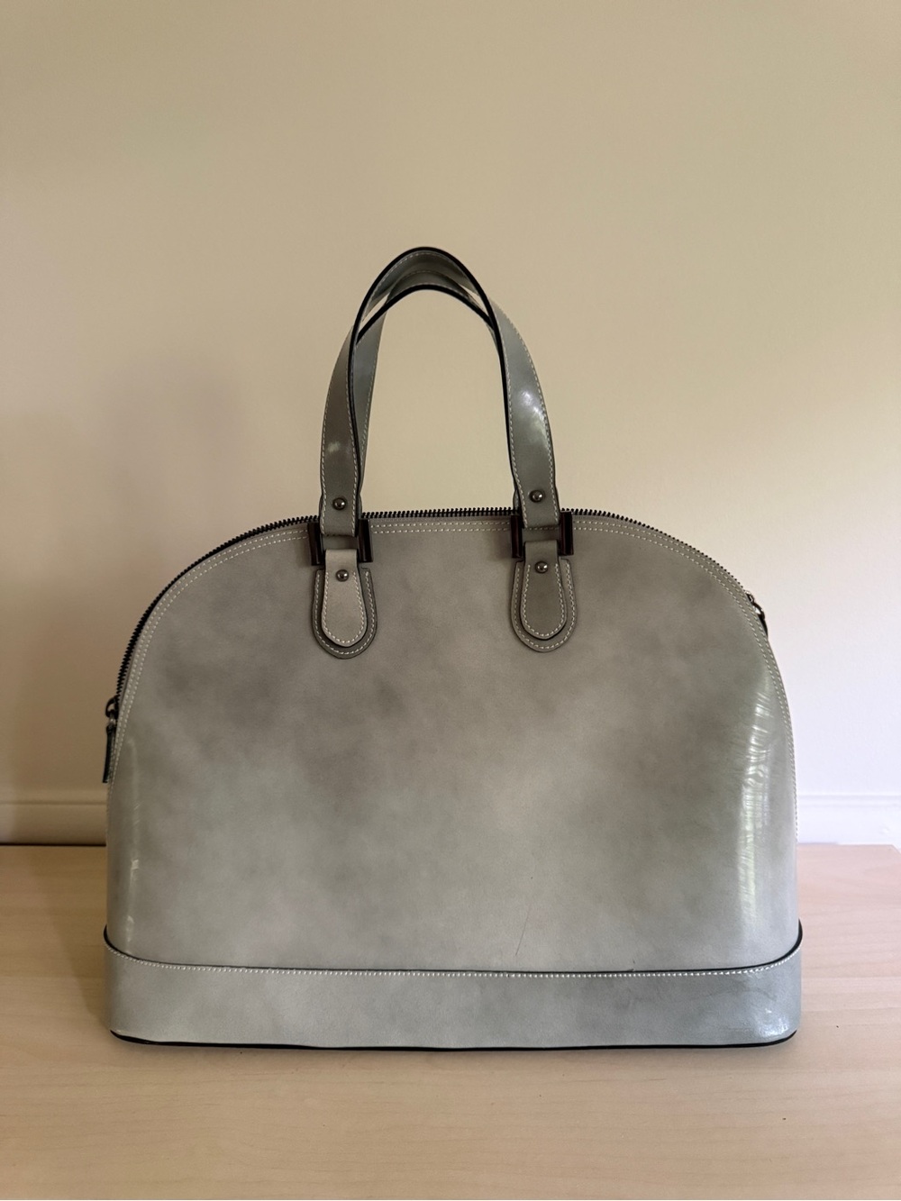 Alberta Di Canio Gray Burnished Leather Dome Satchel Bag - Made in Italy NEW